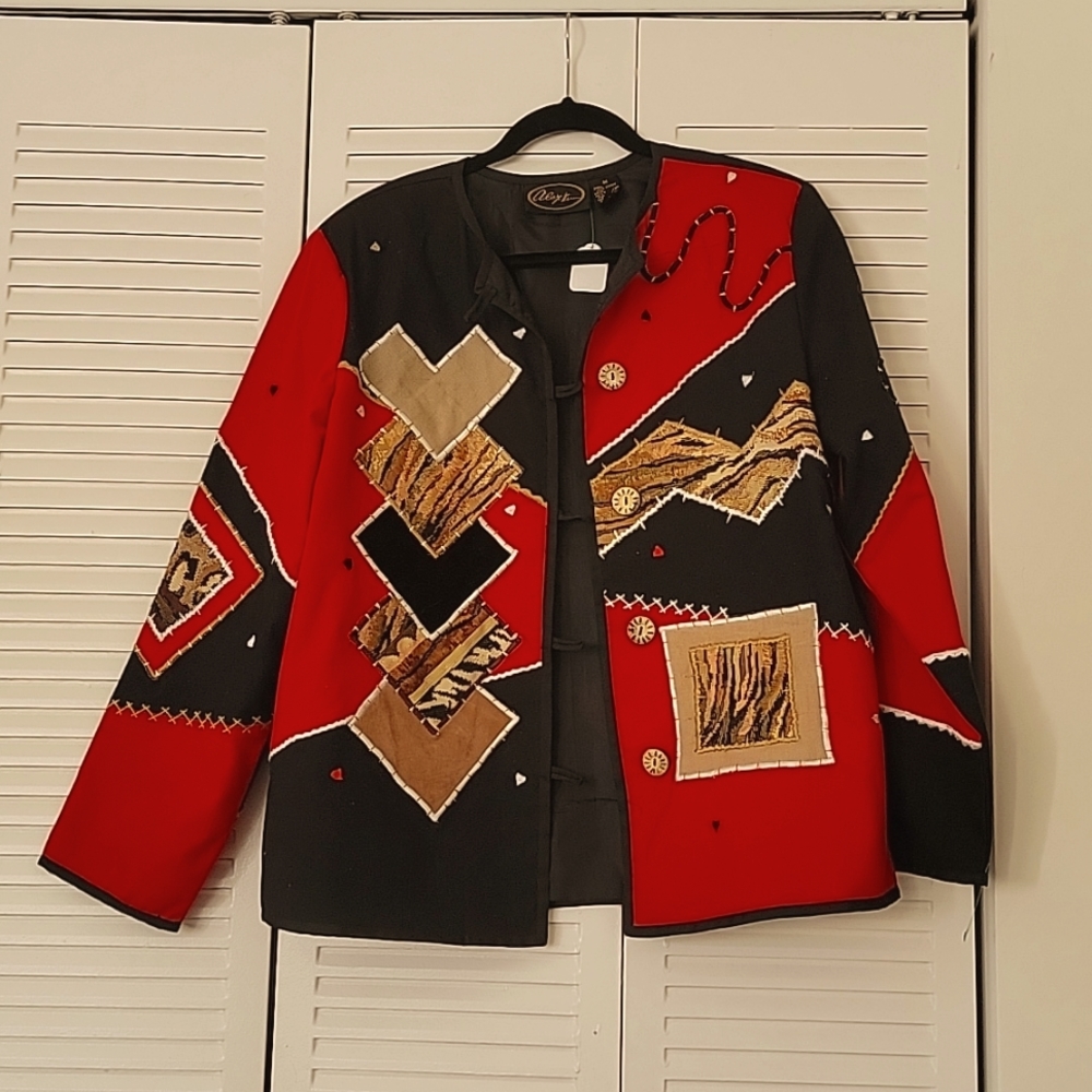 Vintage Cardigan, size Medium. Red, black, white. Alex Kim brand